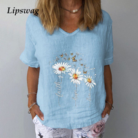 Lato na co dzień z kwiatowym nadruk lniana bawełniana bluzka kobiety elegancki V Neck koszulka z krótkim rękawkiem bluzka w rozmiarze Plus Size bluzki damskie-modne i eleganckie Streetwear 3XL